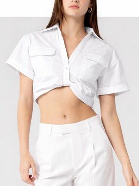 Beige Botany White Short Sleeve Cropped Collar Shirt 100% Cotton Twist Front L